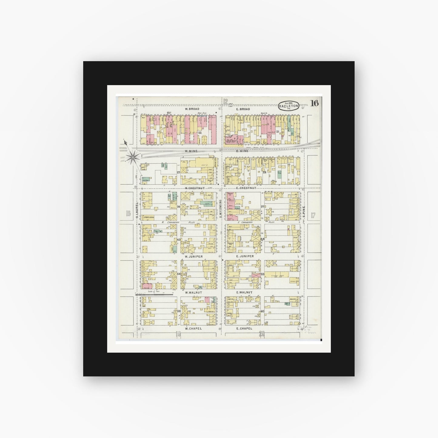 Old map wall art mockup — black gallery frame with white mat — Sanborn Fire Insurance Map from Hazleton, Luzerne County, Pennsylvania (1895), Sheet #0016