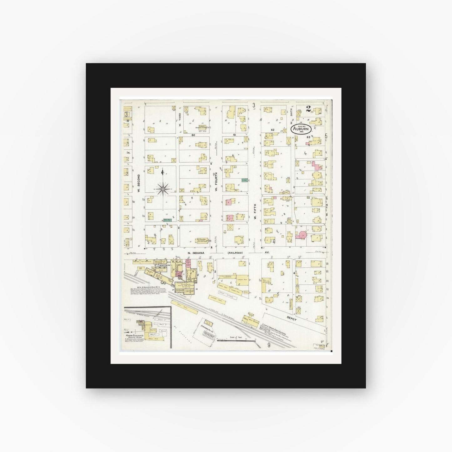 Old map wall art mockup — black gallery frame with white mat — Sanborn Fire Insurance Map from Auburn, De Kalb County, Indiana (1907), Sheet #0002