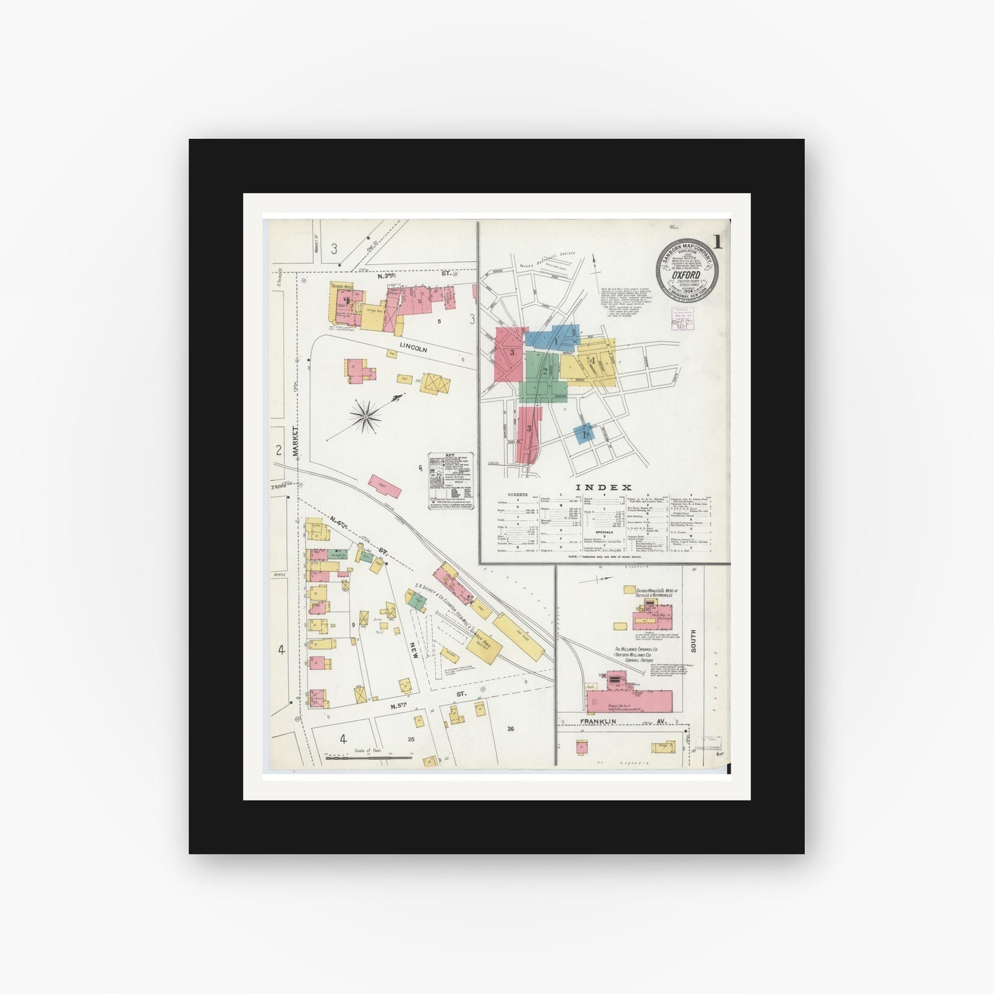 Old map wall art mockup — black gallery frame with white mat — Sanborn Fire Insurance Map from Oxford, Chester County, Pennsylvania (1904) - Complete Map Set