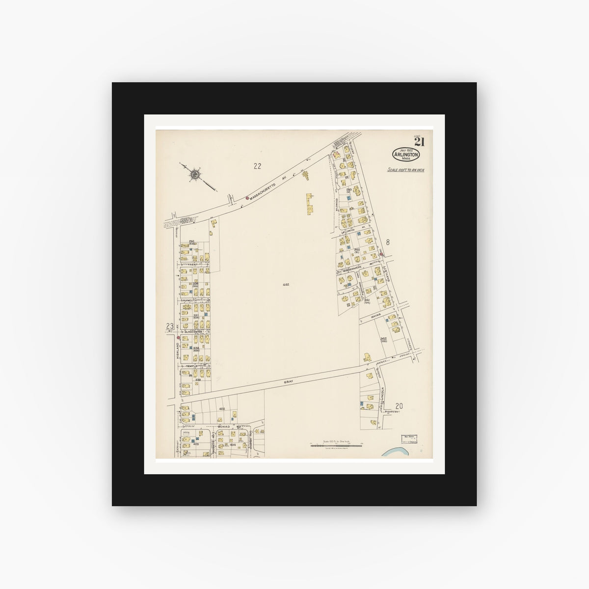 Old map wall art mockup — black gallery frame with white mat — Sanborn Fire Insurance Map from Arlington, Middlesex County, Massachusetts (1922), Sheet #0021