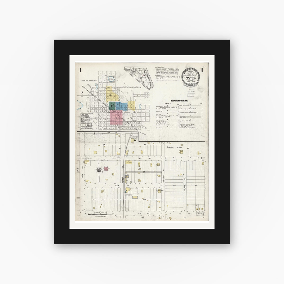 Old map wall art mockup — black gallery frame with white mat — Sanborn Fire Insurance Map from Apopka, Orange County, Florida (1924) - Complete Map Set