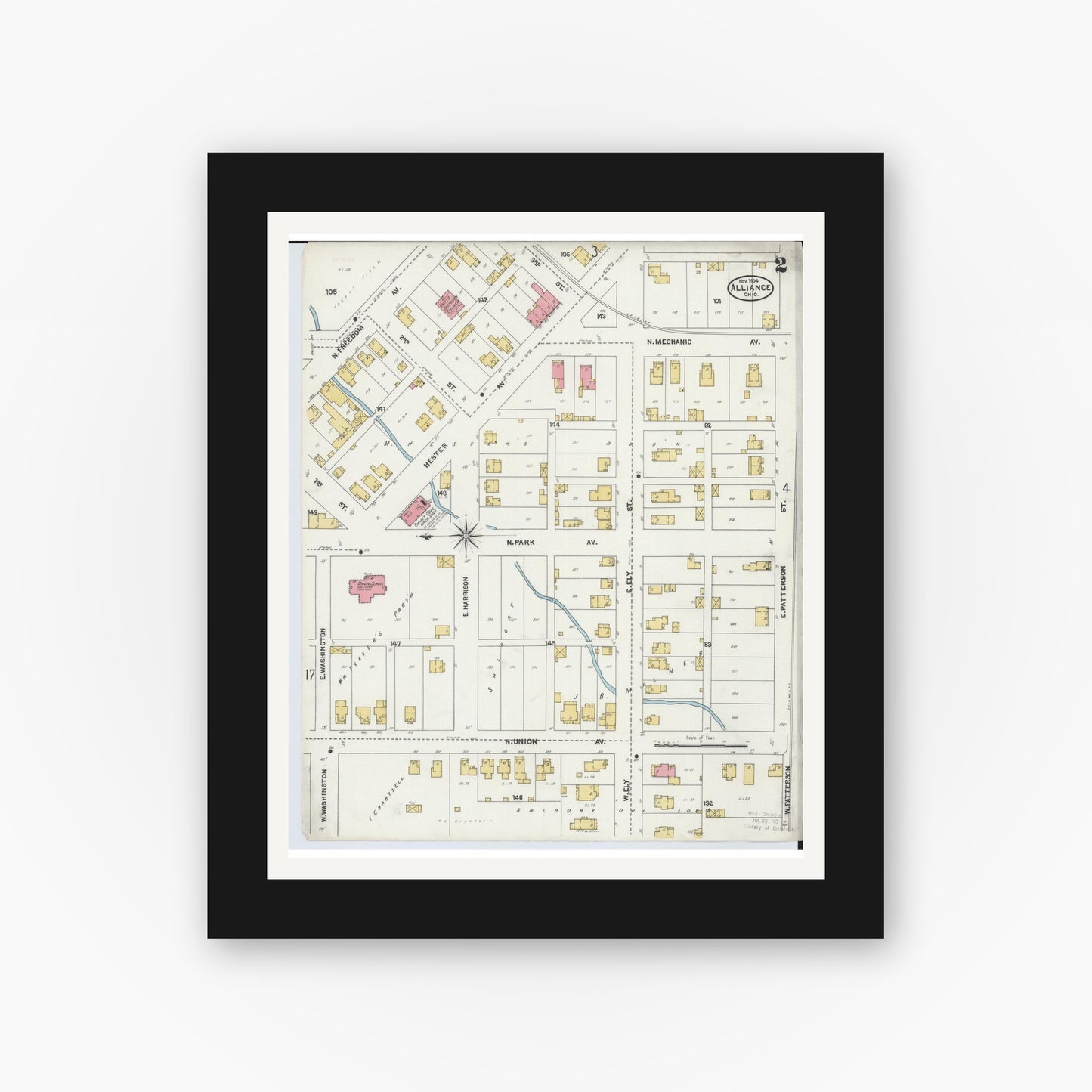 Old map wall art mockup — black gallery frame with white mat — Sanborn Fire Insurance Map from Alliance, Stark County, Ohio (1904), Sheet #0002