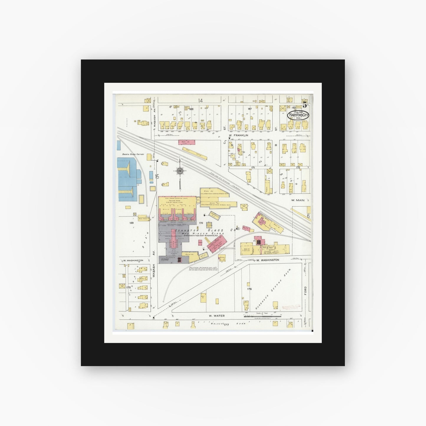 Old map wall art mockup — black gallery frame with white mat — Sanborn Fire Insurance Map from Hartford City, Blackford County, Indiana (1920), Sheet #0005