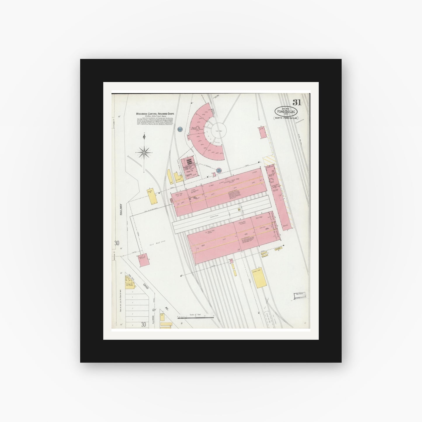 Old map wall art mockup — black gallery frame with white mat — Sanborn Fire Insurance Map from Fond du Lac, Fond du Lac County, Wisconsin (1902), Sheet #0031