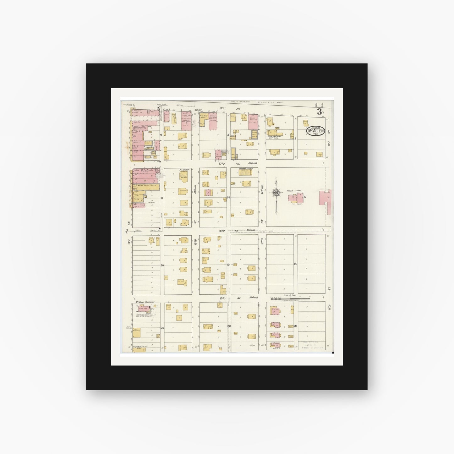 Old map wall art mockup — black gallery frame with white mat — Sanborn Fire Insurance Map from McAllen, Hidalgo County, Texas (1919), Sheet #0003
