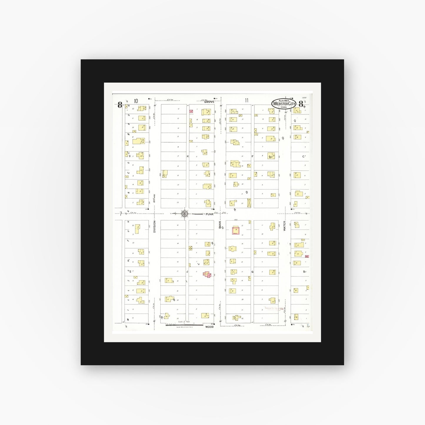 Old map wall art mockup — black gallery frame with white mat — Sanborn Fire Insurance Map from Webster City, Hamilton County, Iowa (1923), Sheet #0008