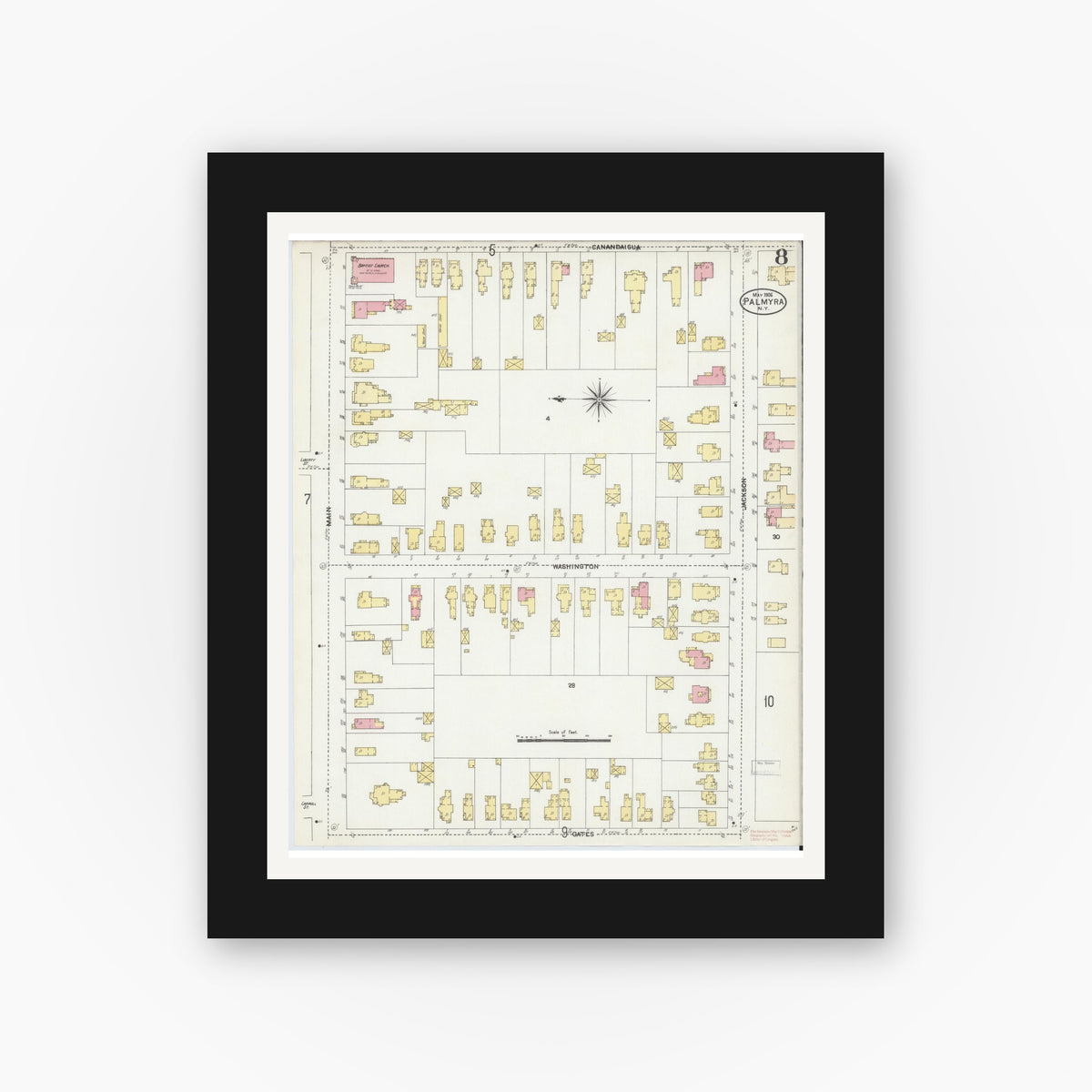 Old map wall art mockup — black gallery frame with white mat — Sanborn Fire Insurance Map from Palmyra, Wayne County, New York (1906), Sheet #0008