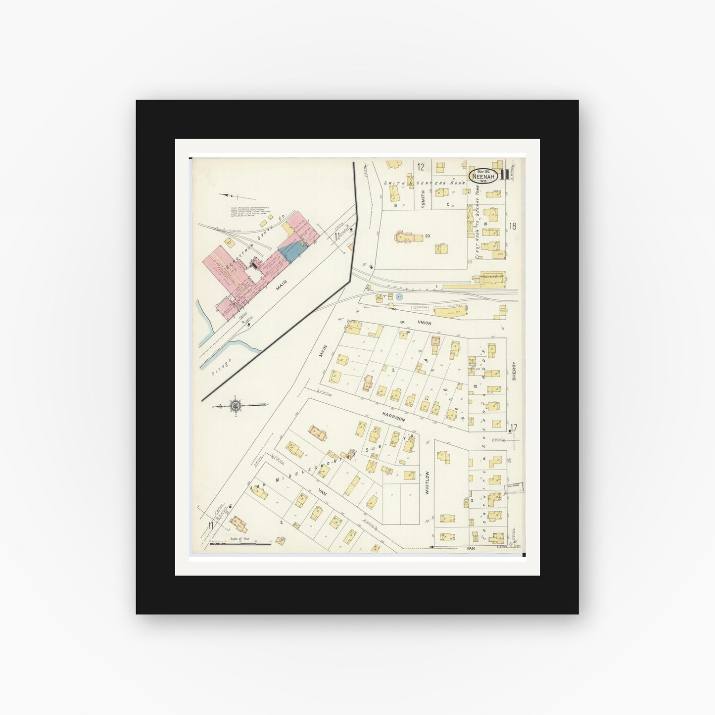 Old map wall art mockup — black gallery frame with white mat — Sanborn Fire Insurance Map from Neenah, Winnebago County, Wisconsin (1913), Sheet #0011