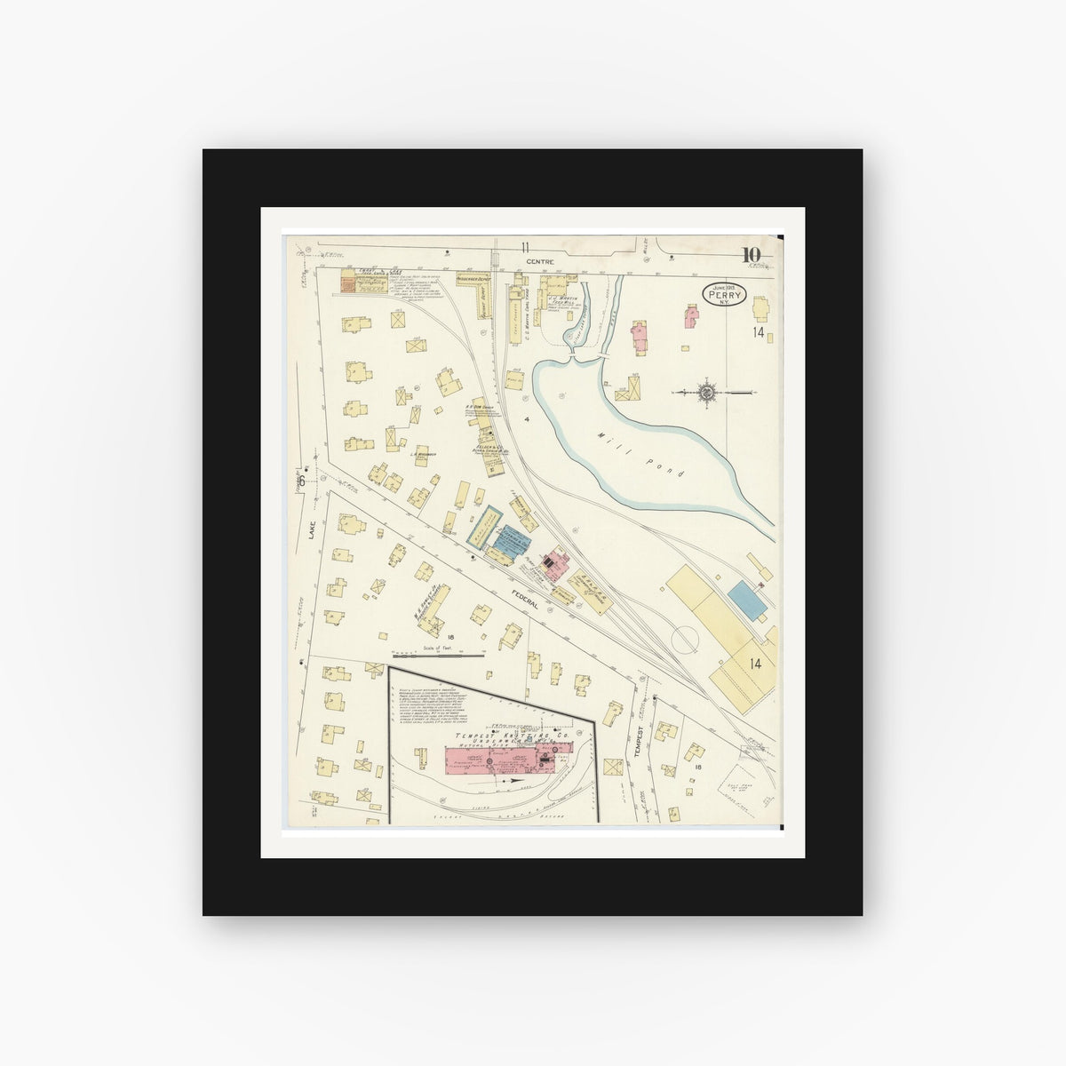 Old map wall art mockup — black gallery frame with white mat — Sanborn Fire Insurance Map from Perry, Wyoming County, New York (1913), Sheet #0010