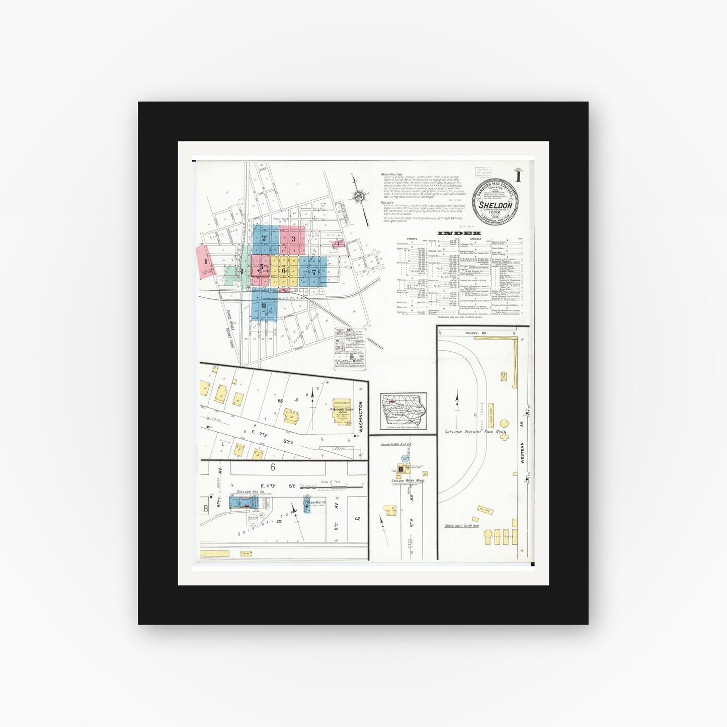 Old map wall art mockup — black gallery frame with white mat — Sanborn Fire Insurance Map from Sheldon, O'Brien County, Iowa (1918), Sheet #0001