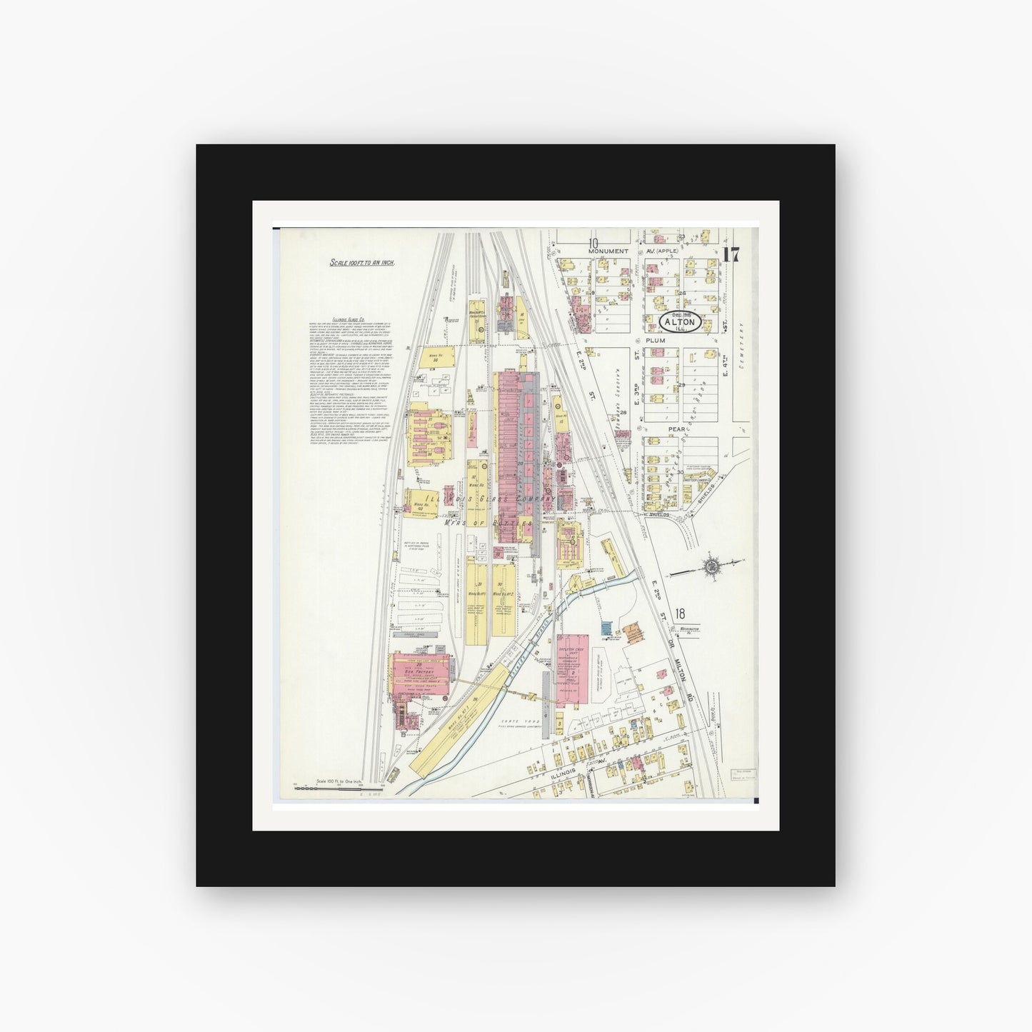 Old map wall art mockup — black gallery frame with white mat — Sanborn Fire Insurance Map from Alton, Madison County, Illinois (1915), Sheet #0017