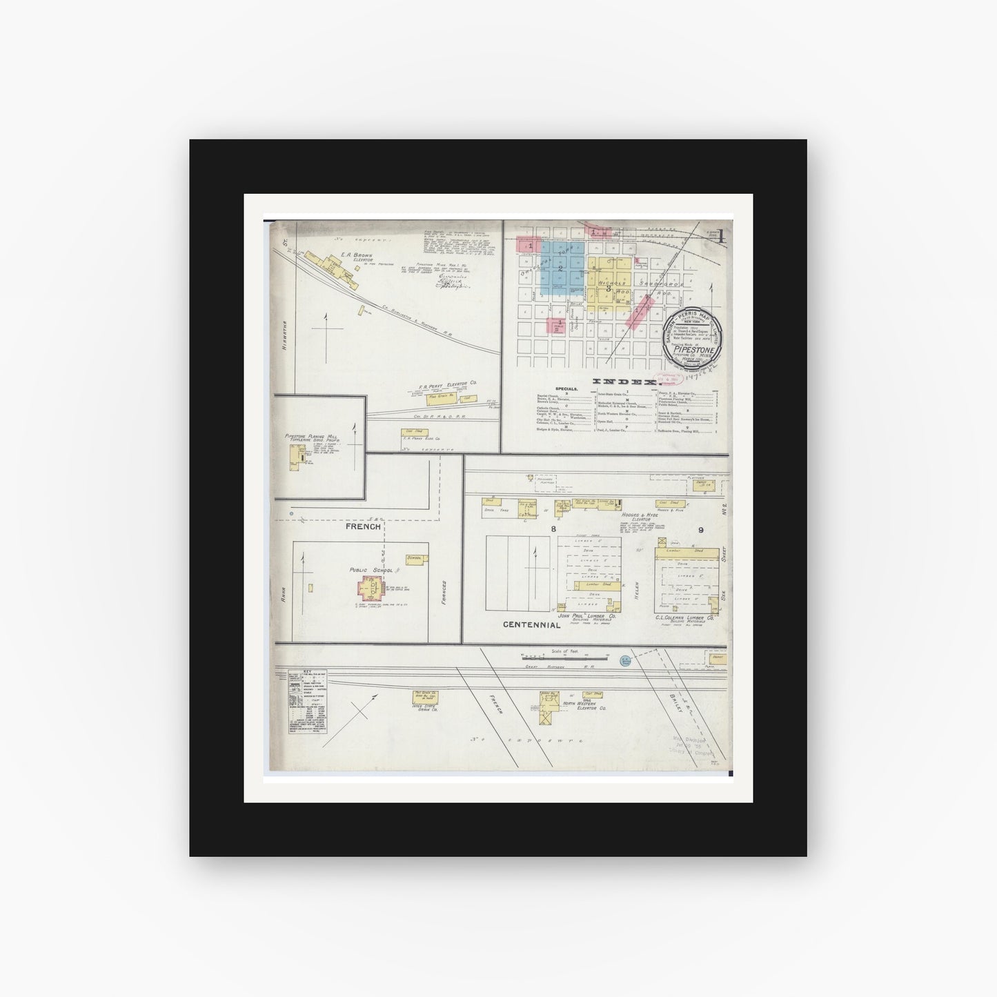 Old map wall art mockup — black gallery frame with white mat — Sanborn Fire Insurance Map from Pipestone, Pipestone County, Minnesota (1892), Sheet #0001