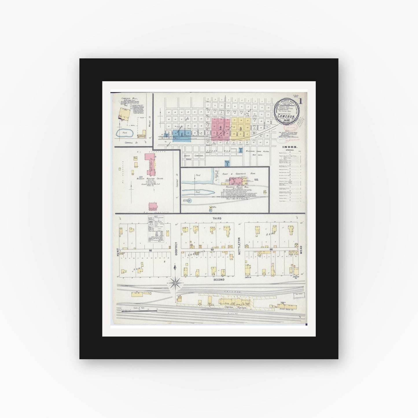 Old map wall art mockup — black gallery frame with white mat — Sanborn Fire Insurance Map from Cameron, Clinton County, Missouri (1897) - Complete Map Set