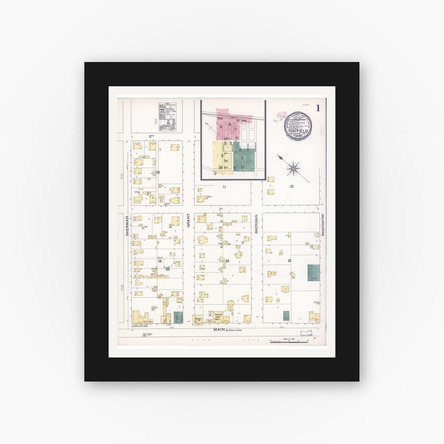 Old map wall art mockup — black gallery frame with white mat — Sanborn Fire Insurance Map from Mayfield, Santa Clara County, California (1894), Sheet #0001