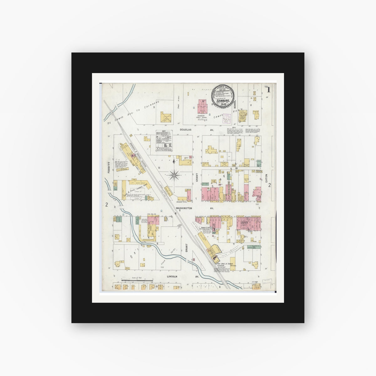 Old map wall art mockup — black gallery frame with white mat — Sanborn Fire Insurance Map from Edinburgh, Christian County, Illinois (1901) - Complete Map Set