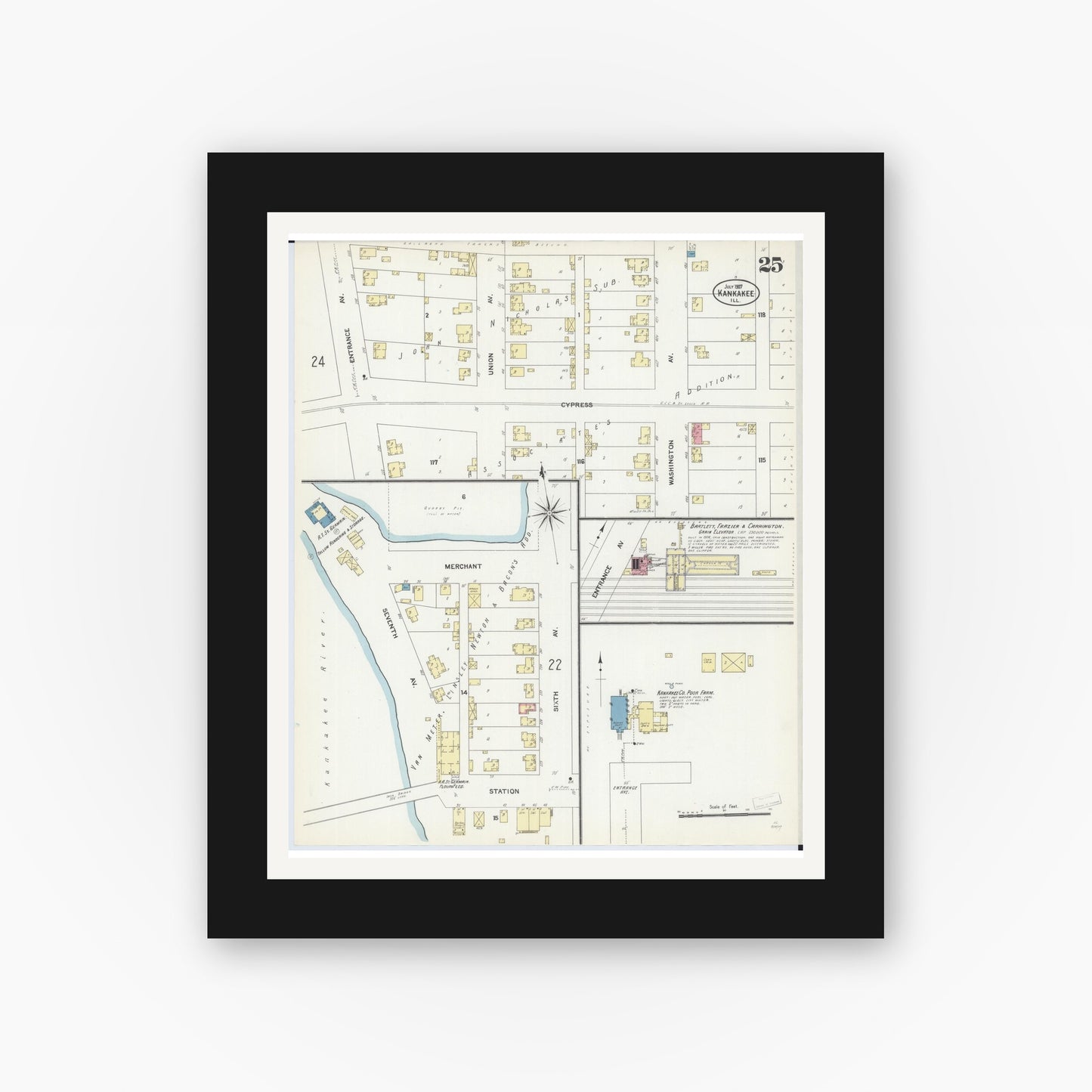 Old map wall art mockup — black gallery frame with white mat — Sanborn Fire Insurance Map from Kankakee, Kankakee County, Illinois (1907), Sheet #0025