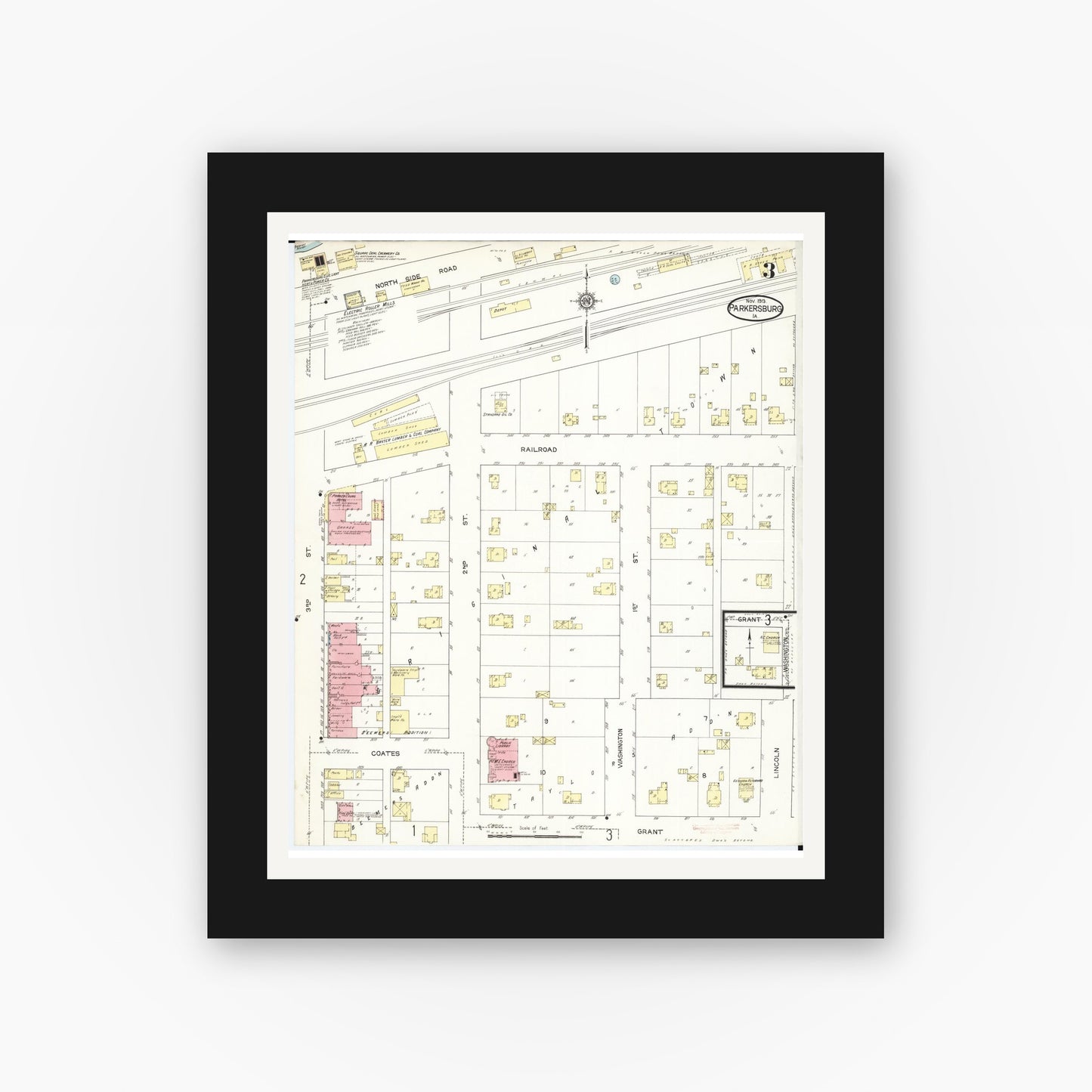Old map wall art mockup β black gallery frame with white mat β Sanborn Fire Insurance Map from Parkersburg, Butler County, Iowa (1913), Sheet #0003