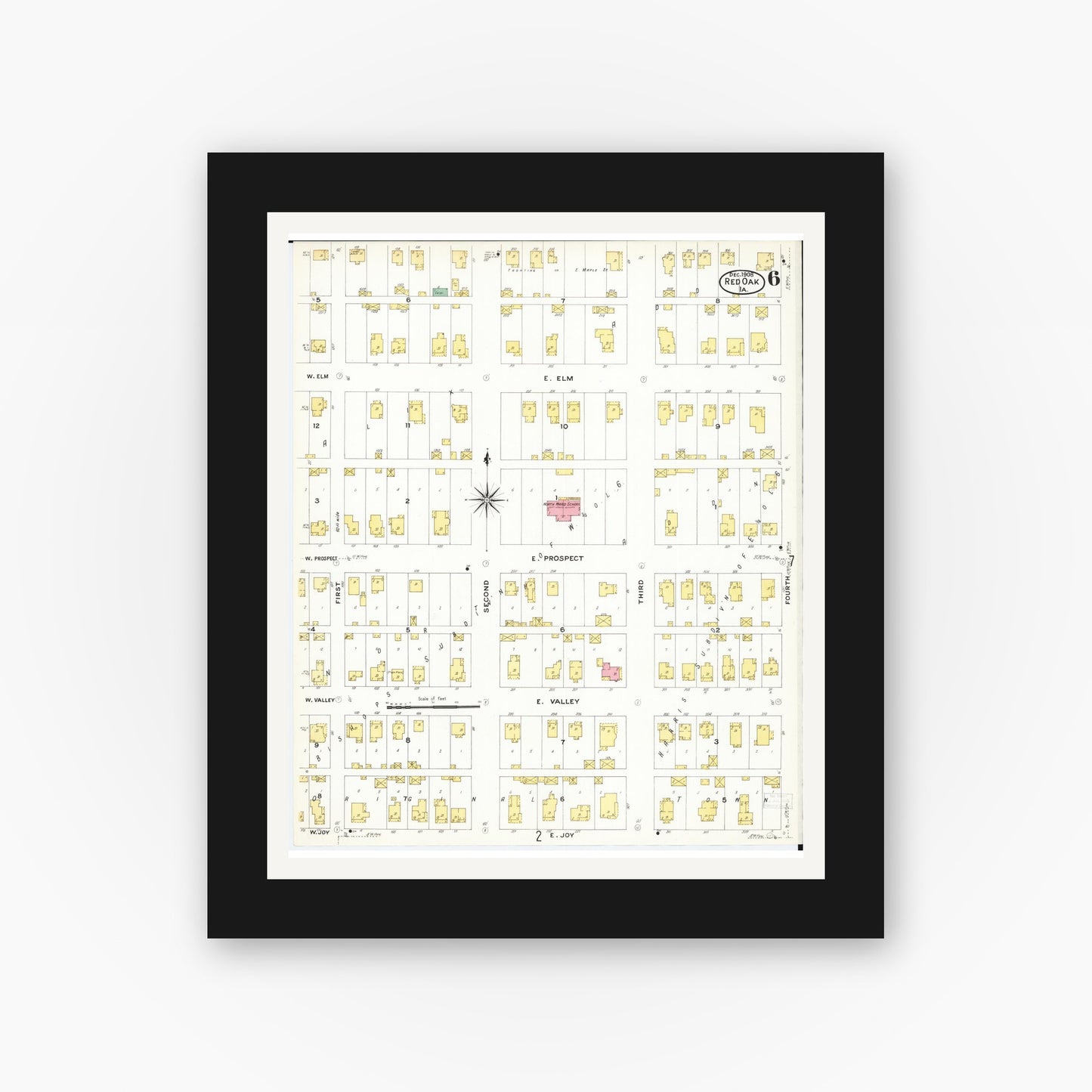 Old map wall art mockup — black gallery frame with white mat — Sanborn Fire Insurance Map from Red Oak, Montgomery County, Iowa (1908), Sheet #0006