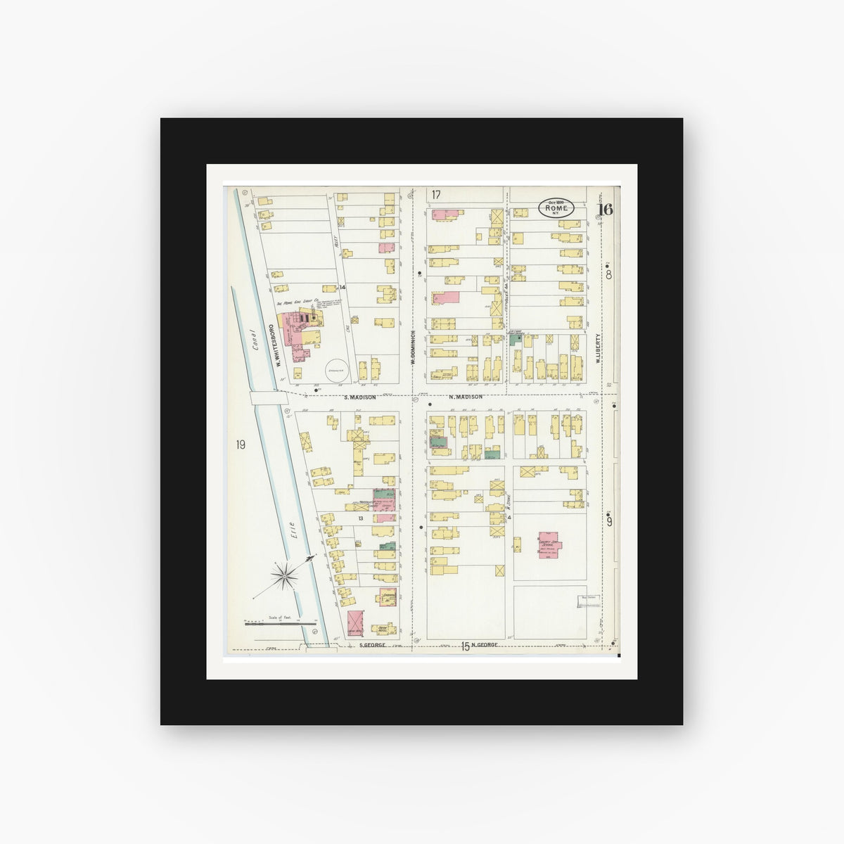 Old map wall art mockup — black gallery frame with white mat — Sanborn Fire Insurance Map from Rome, Oneida County, New York (1899), Sheet #0016