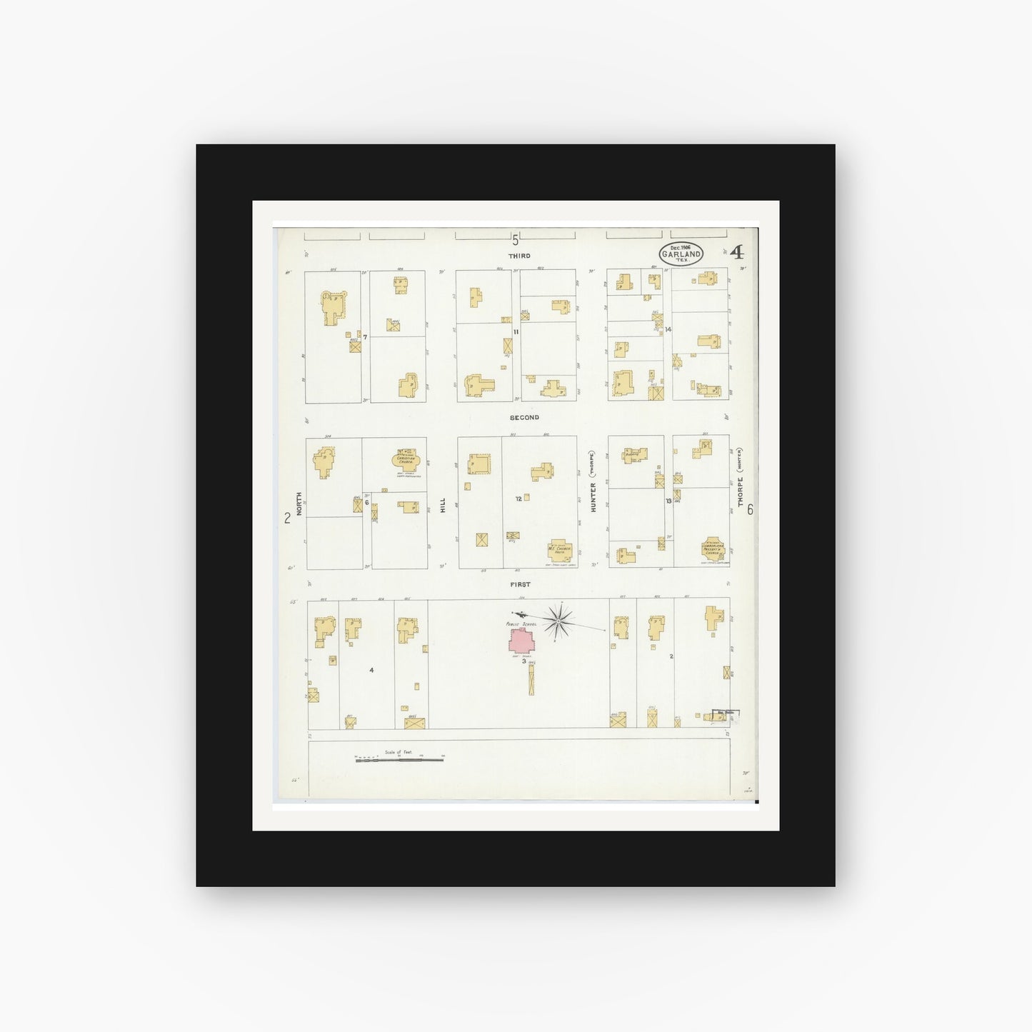 Old map wall art mockup — black gallery frame with white mat — Sanborn Fire Insurance Map from Garland, Dallas County, Texas (1906), Sheet #0004