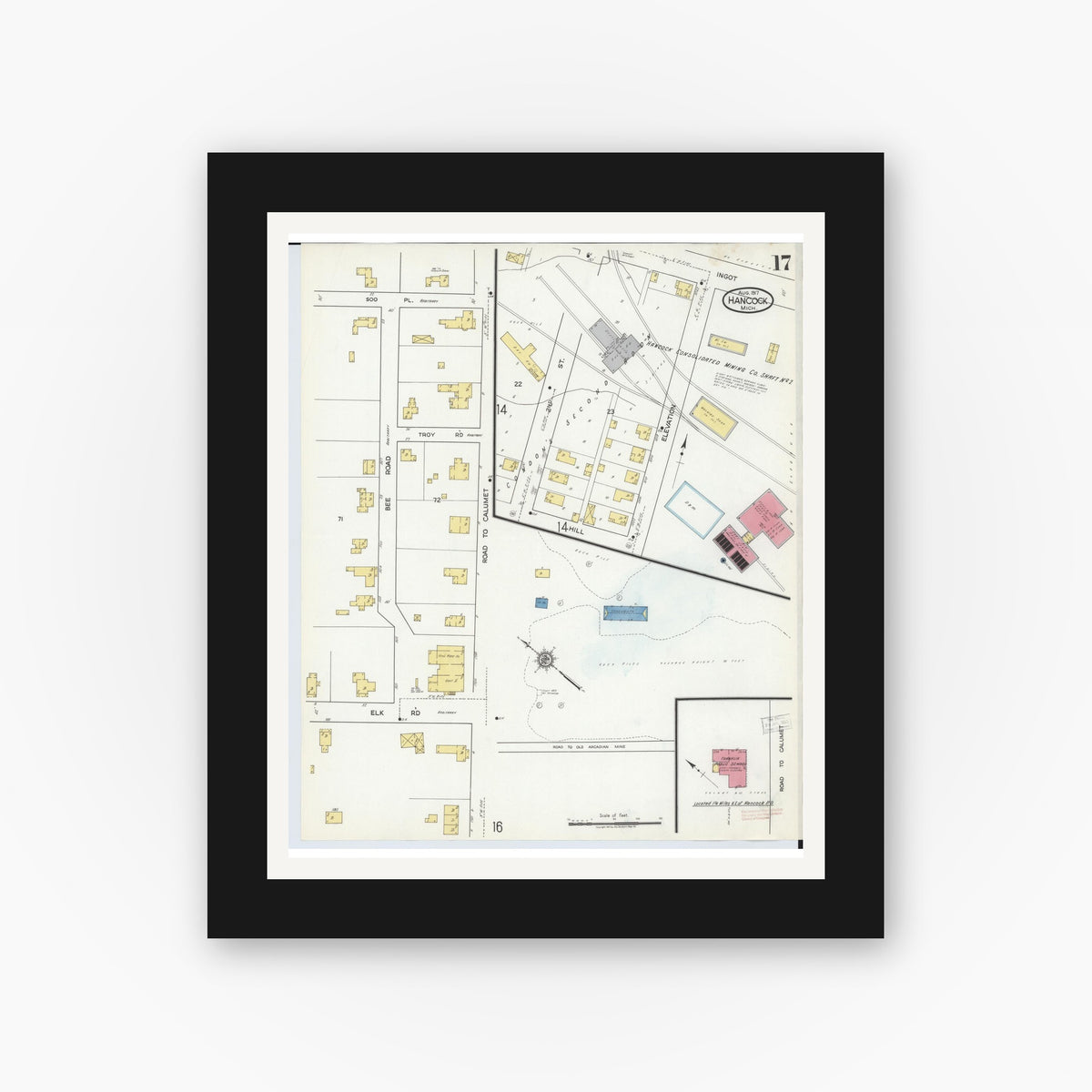 Old map wall art mockup β black gallery frame with white mat β Sanborn Fire Insurance Map from Hancock, Houghton County, Michigan (1917), Sheet #0017