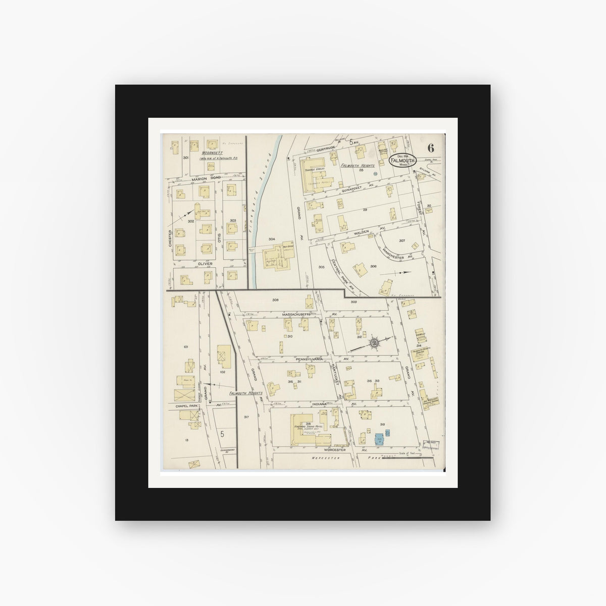 Old map wall art mockup — black gallery frame with white mat — Sanborn Fire Insurance Map from Falmouth, Barnstable County, Massachusetts (1914), Sheet #0006