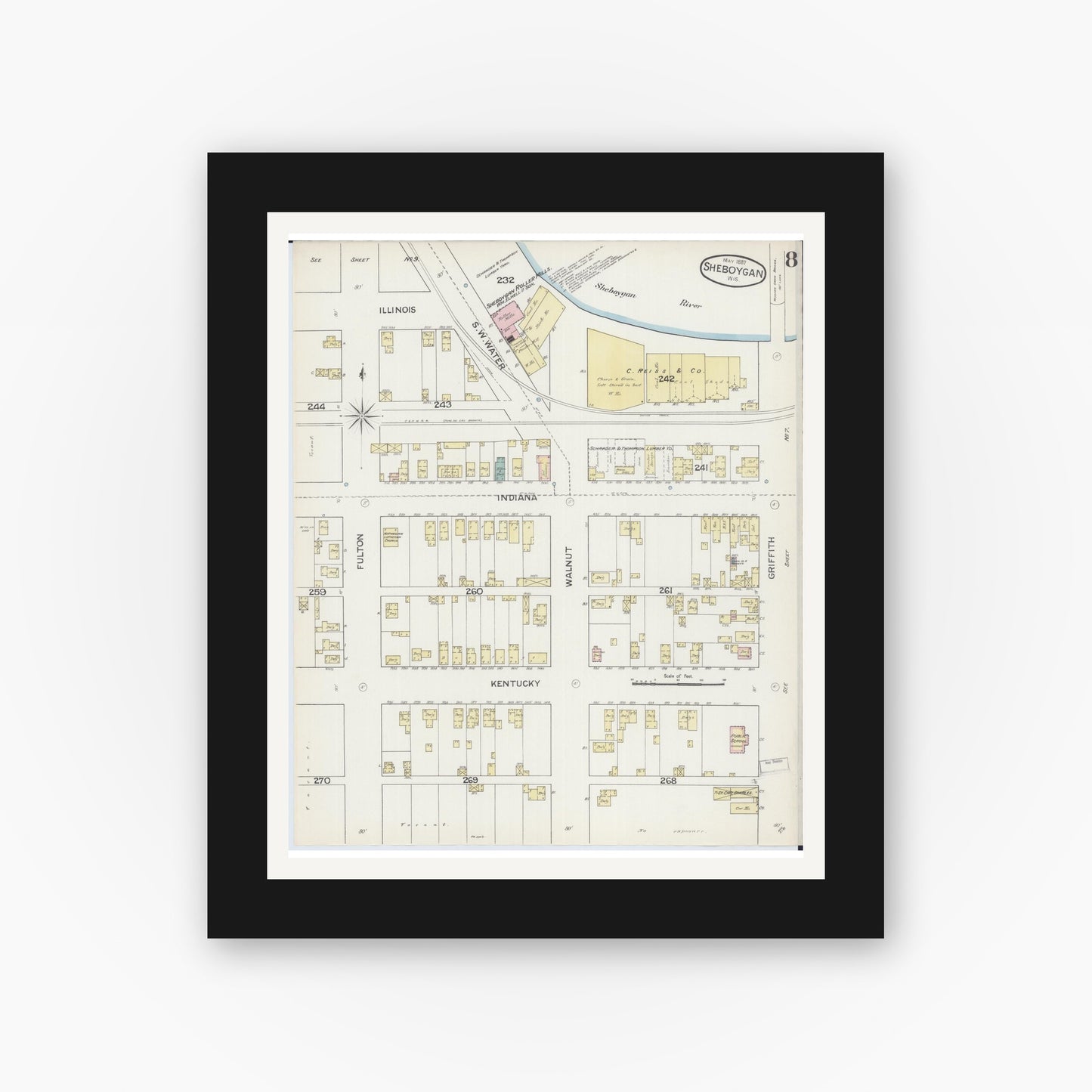 Old map wall art mockup — black gallery frame with white mat — Sanborn Fire Insurance Map from Sheboygan, Sheboygan County, Wisconsin (1887), Sheet #0008