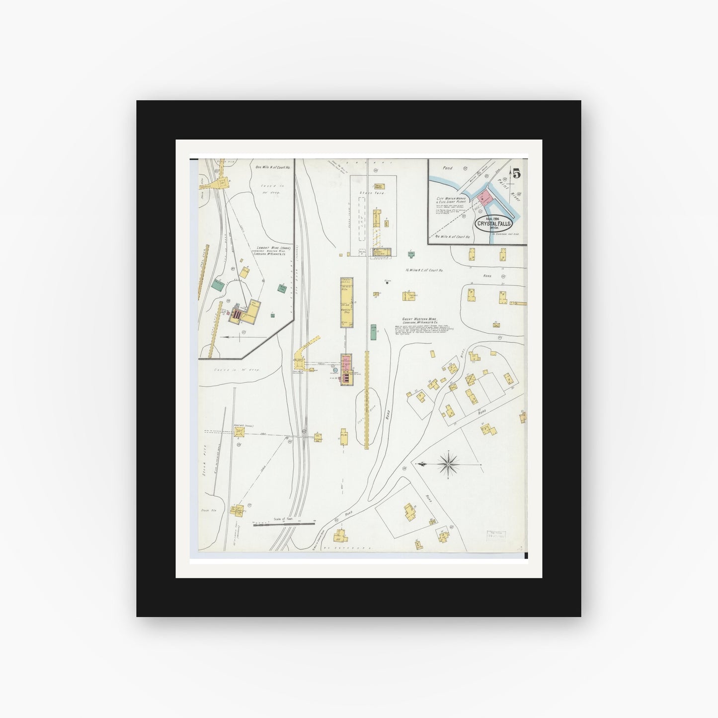 Old map wall art mockup — black gallery frame with white mat — Sanborn Fire Insurance Map from Crystal Falls, Iron County, Michigan (1904), Sheet #0005