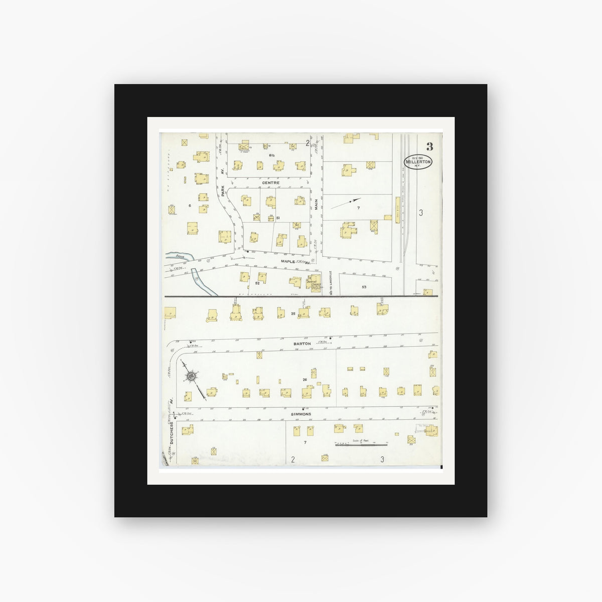 Old map wall art mockup — black gallery frame with white mat — Sanborn Fire Insurance Map from Millerton, Dutchess County, New York (1910), Sheet #0003