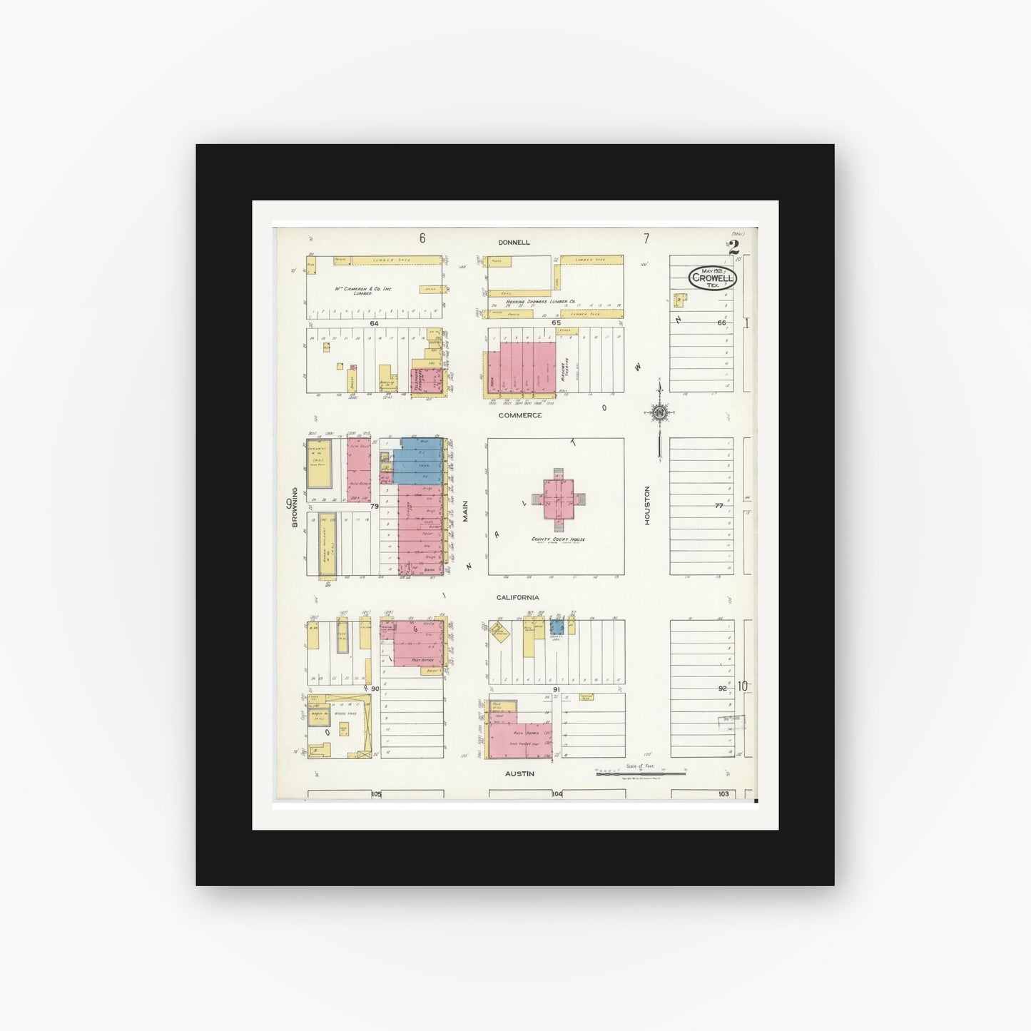 Old map wall art mockup — black gallery frame with white mat — Sanborn Fire Insurance Map from Crowell, Foard County, Texas (1921), Sheet #0002