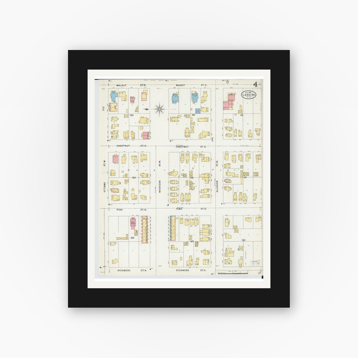 Old map wall art mockup — black gallery frame with white mat — Sanborn Fire Insurance Map from Lansing, Ingham County, Michigan (1898), Sheet #0004