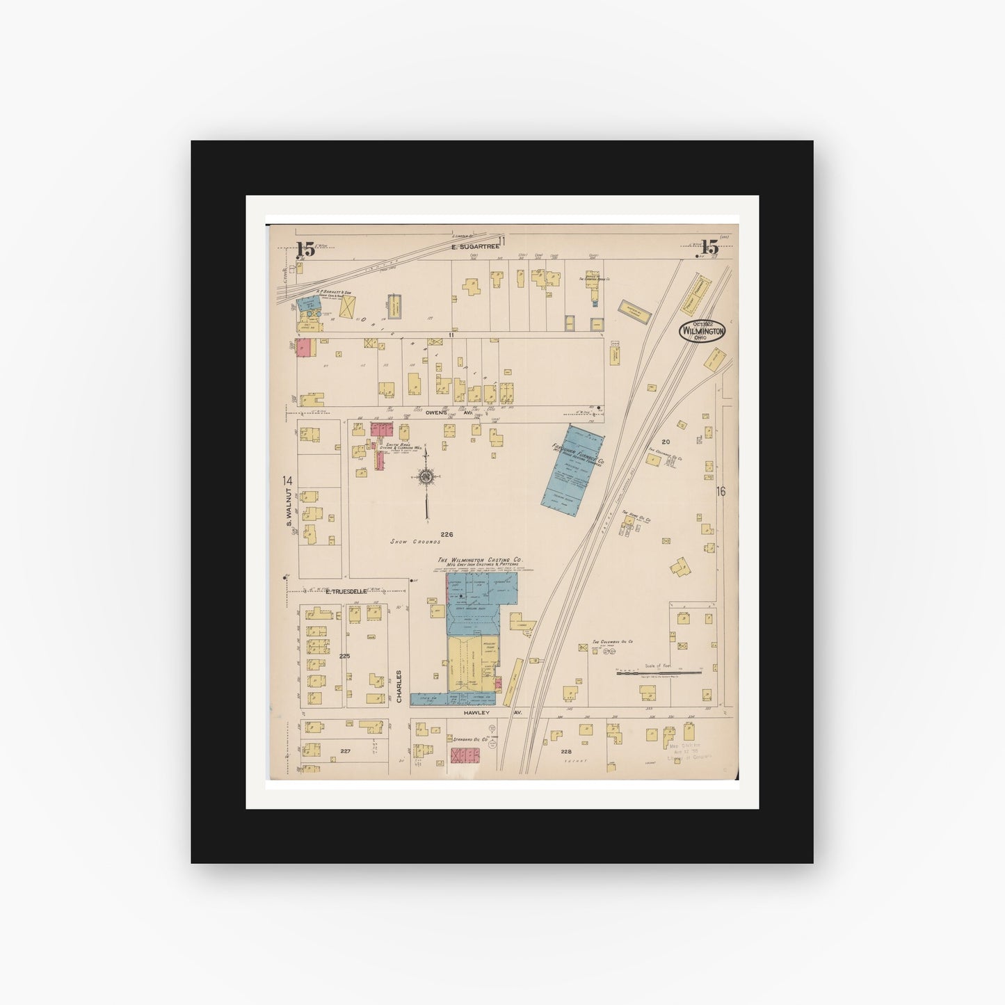 Old map wall art mockup — black gallery frame with white mat — Sanborn Fire Insurance Map from Wilmington, Clinton County, Ohio (1922), Sheet #0015