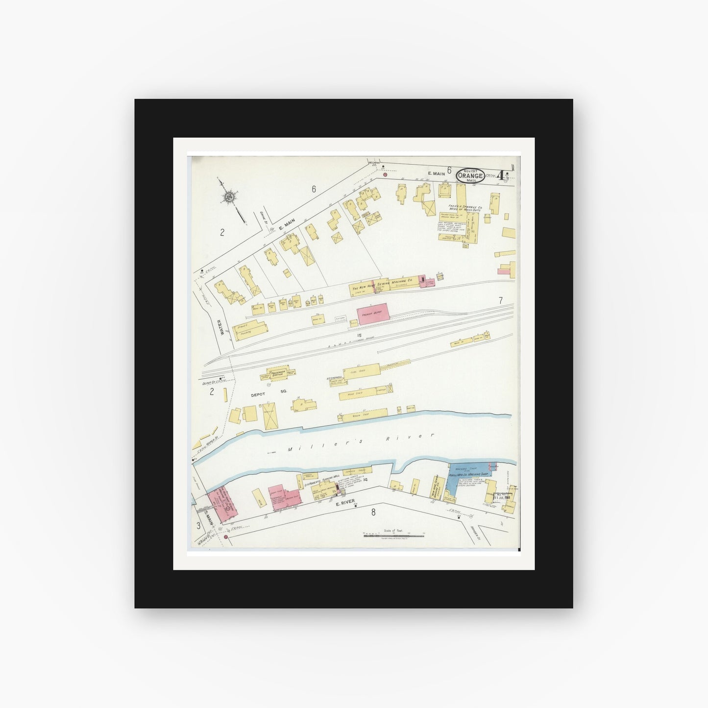 Old map wall art mockup — black gallery frame with white mat — Sanborn Fire Insurance Map from Orange, Franklin County, Massachusetts (1917), Sheet #0004