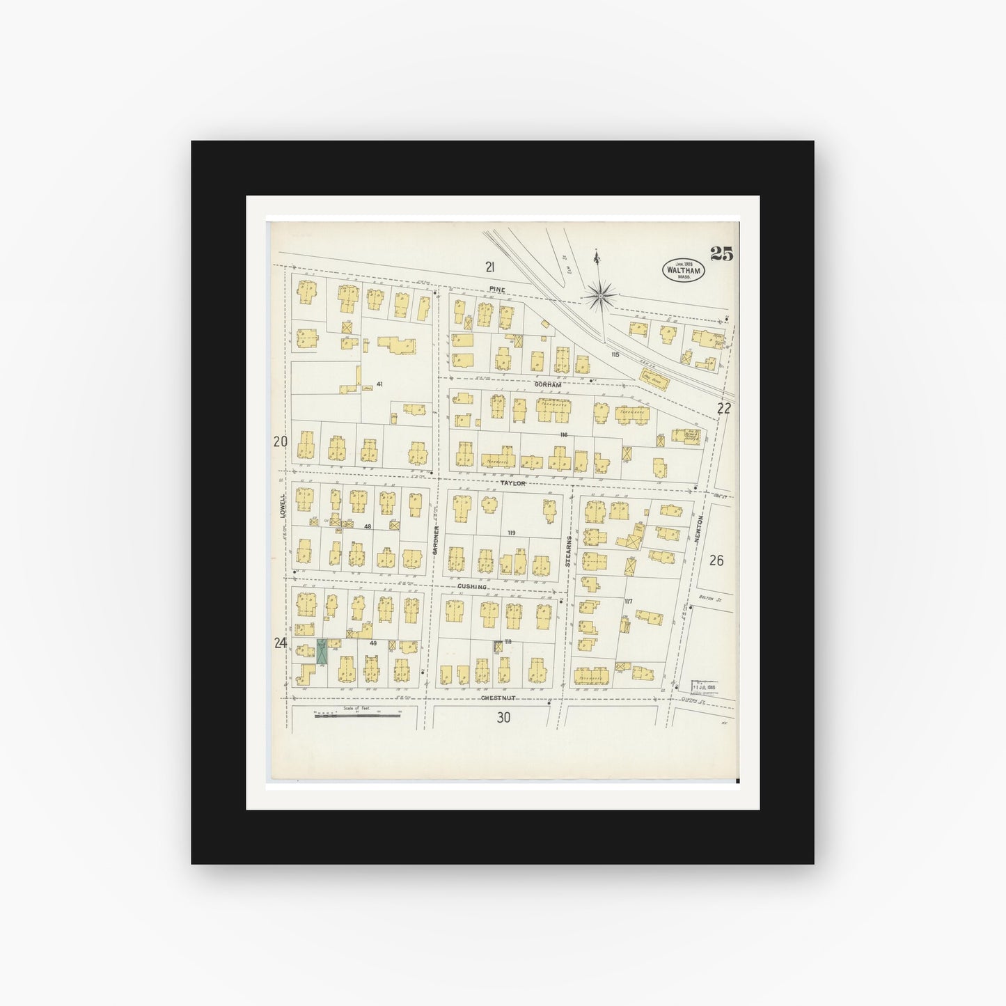 Old map wall art mockup — black gallery frame with white mat — Sanborn Fire Insurance Map from Waltham, Middlesex County, Massachusetts (1903), Sheet #0025