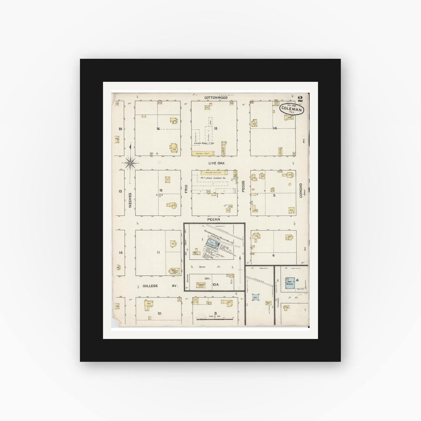 Old map wall art mockup — black gallery frame with white mat — Sanborn Fire Insurance Map from Coleman, Coleman County, Texas (1888), Sheet #0002