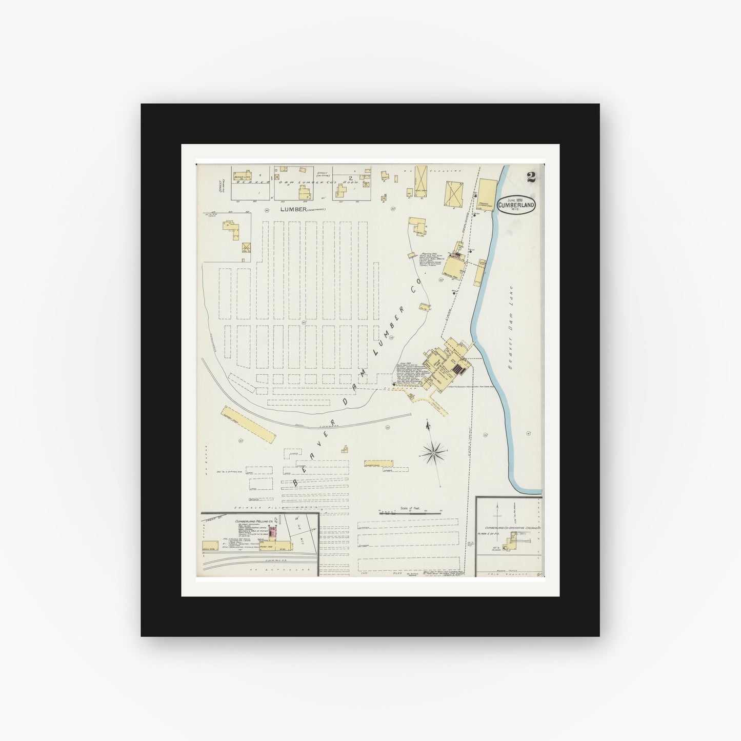 Old map wall art mockup — black gallery frame with white mat — Sanborn Fire Insurance Map from Cumberland, Barron County, Wisconsin (1893), Sheet #0002