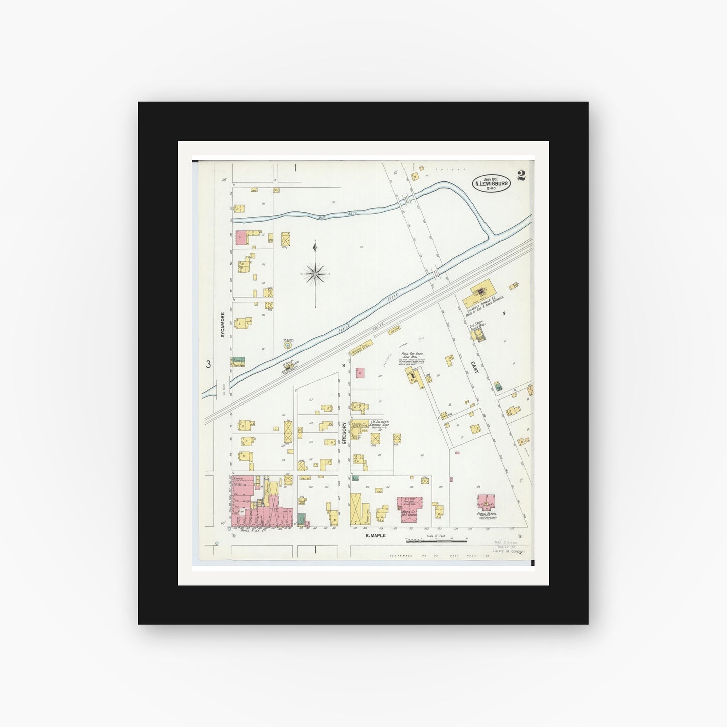 Old map wall art mockup — black gallery frame with white mat — Sanborn Fire Insurance Map from North Lewisburg, Champaign County, Ohio (1901), Sheet #0002