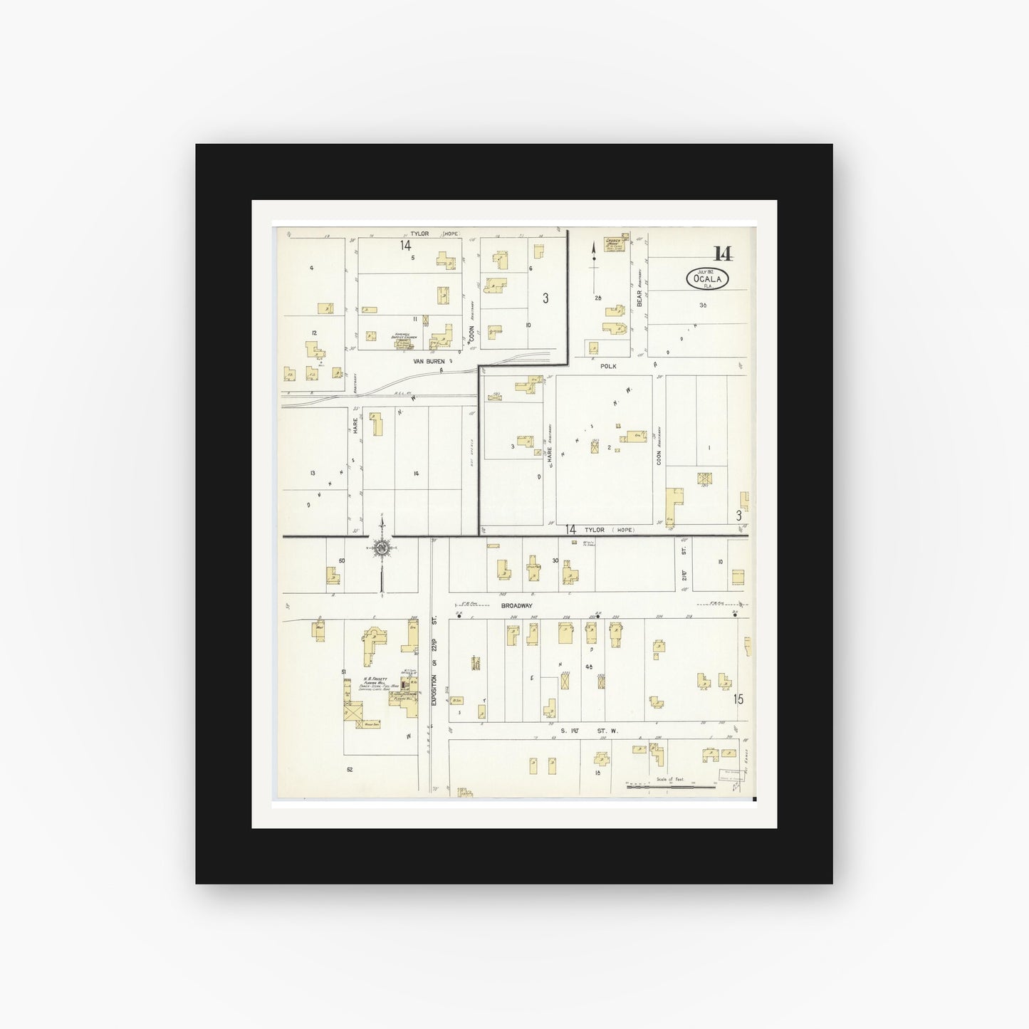 Old map wall art mockup — black gallery frame with white mat — Sanborn Fire Insurance Map from Ocala, Marion County, Florida (1912), Sheet #0014