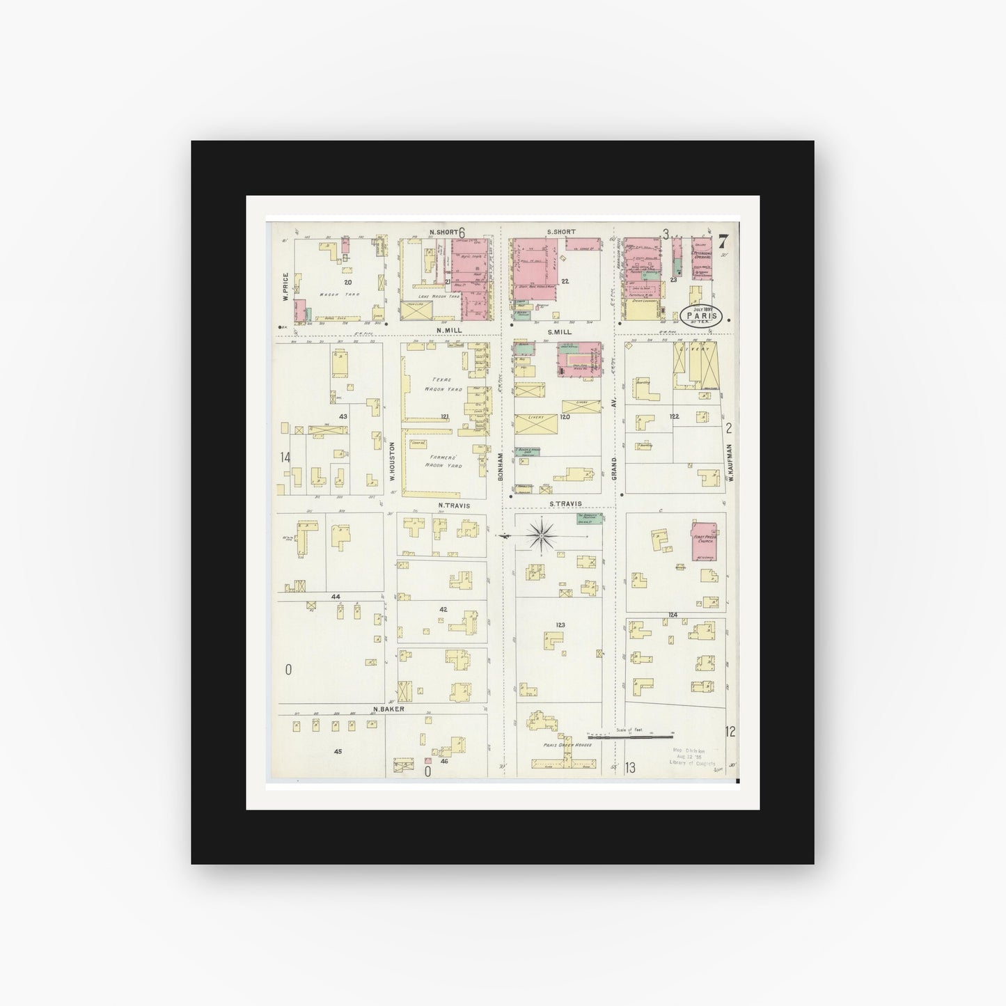 Old map wall art mockup — black gallery frame with white mat — Sanborn Fire Insurance Map from Paris, Lamar County, Texas (1897), Sheet #0007