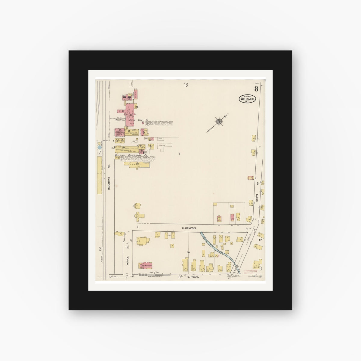 Old map wall art mockup — black gallery frame with white mat — Sanborn Fire Insurance Map from Wellsville, Allegany County, New York (1922), Sheet #0008