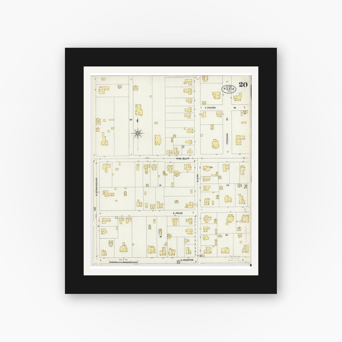 Old map wall art mockup — black gallery frame with white mat — Sanborn Fire Insurance Map from Paris, Lamar County, Texas (1902), Sheet #0020