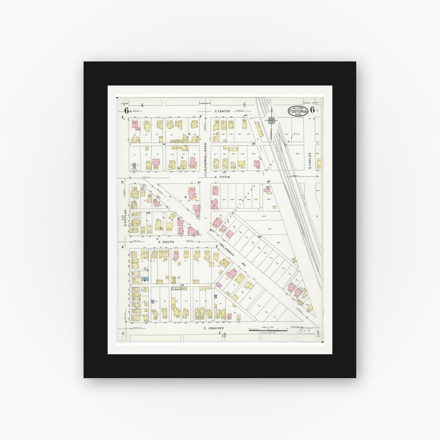 Old map wall art mockup — black gallery frame with white mat — Sanborn Fire Insurance Map from Fostoria, Seneca, Hancock, And Wood Counties, Ohio (1924), Sheet #0006