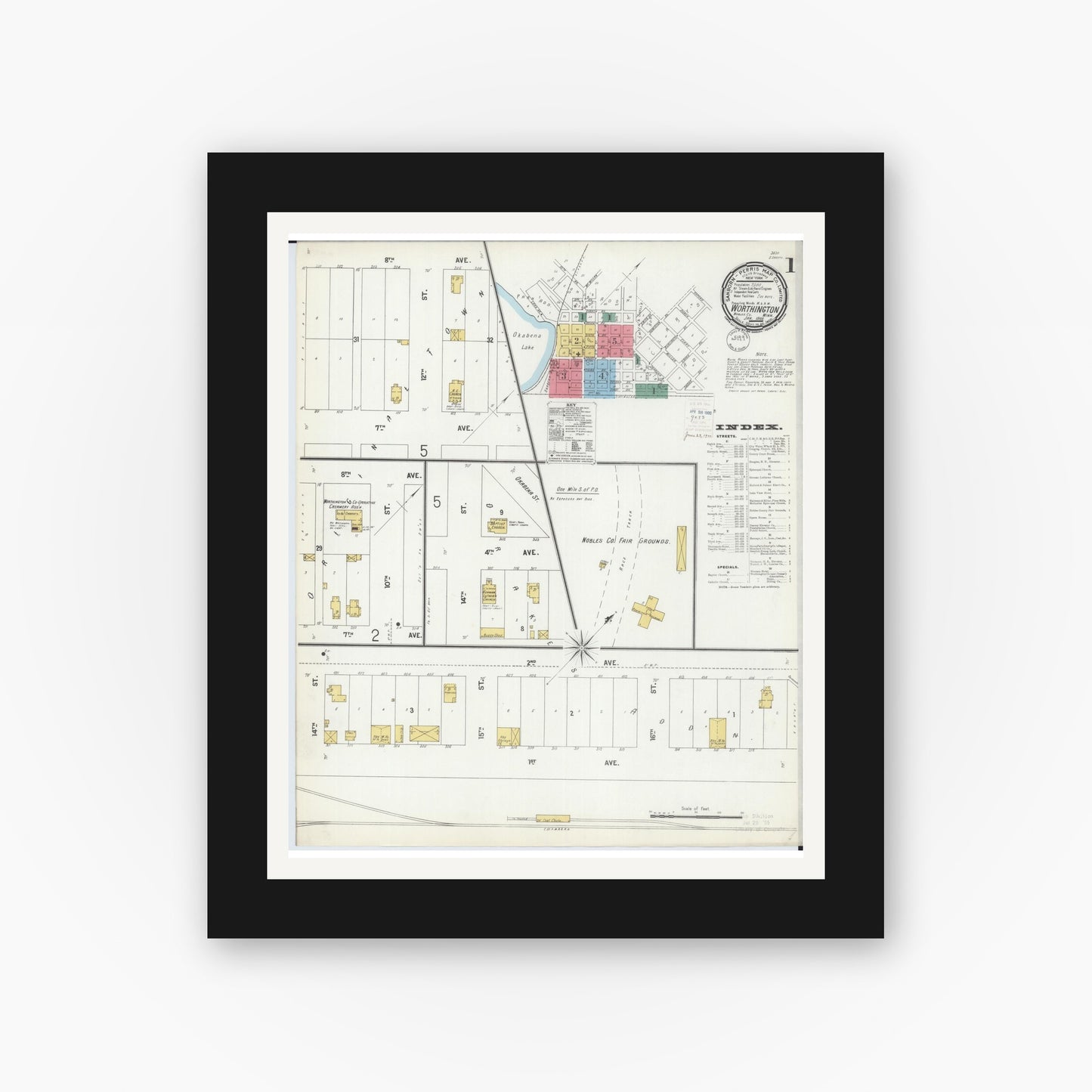 Old map wall art mockup — black gallery frame with white mat — Sanborn Fire Insurance Map from Worthington, Nobles County, Minnesota (1900) - Complete Map Set