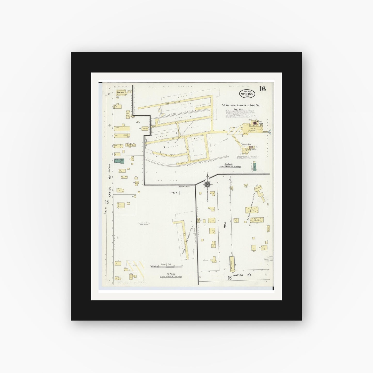 Old map wall art mockup — black gallery frame with white mat — Sanborn Fire Insurance Map from Antigo, Langlade County, Wisconsin (1909), Sheet #0016