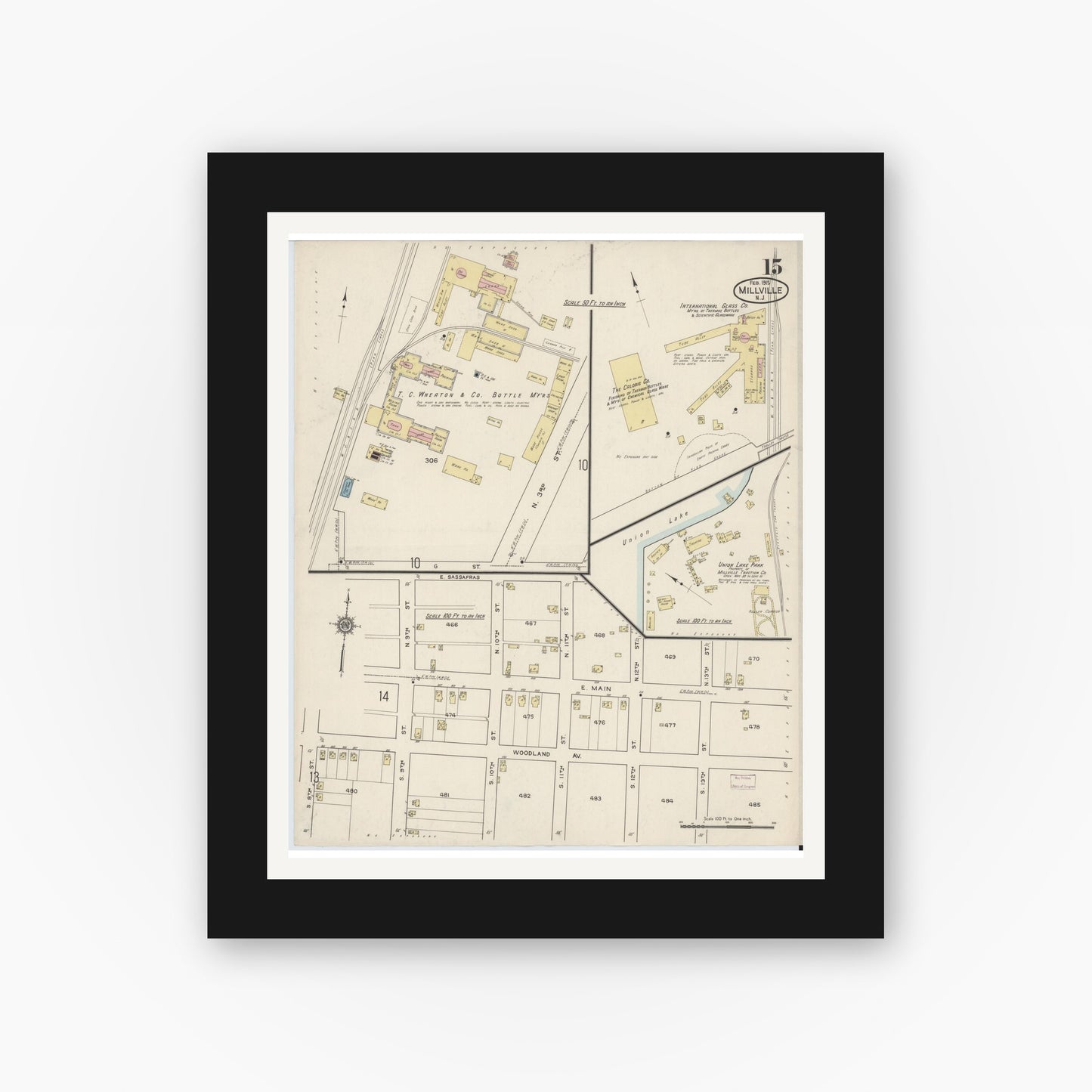 Old map wall art mockup — black gallery frame with white mat — Sanborn Fire Insurance Map from Millville, Cumberland County, New Jersey (1915), Sheet #0015
