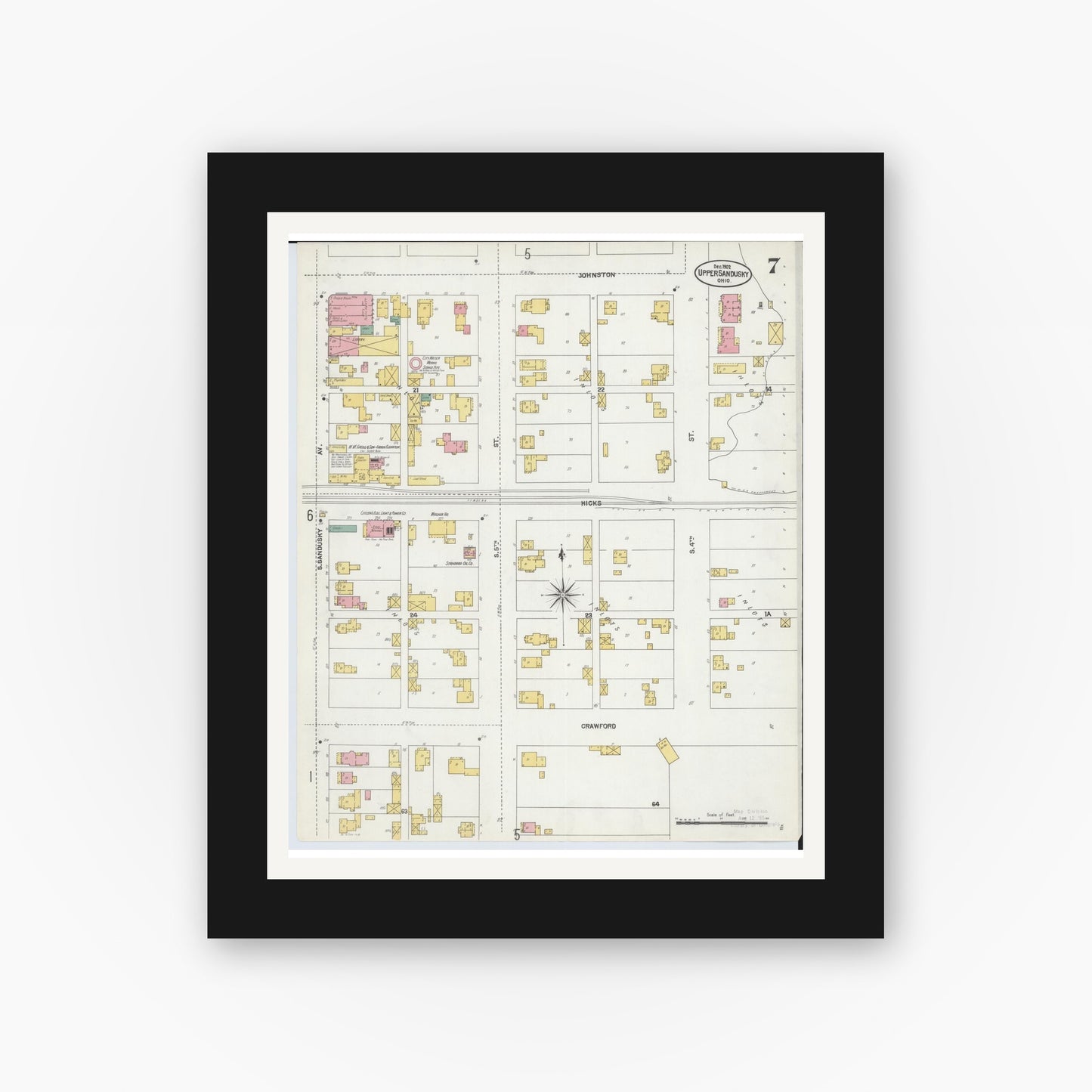 Old map wall art mockup — black gallery frame with white mat — Sanborn Fire Insurance Map from Upper Sandusky, Wyandot County, Ohio (1902), Sheet #0007