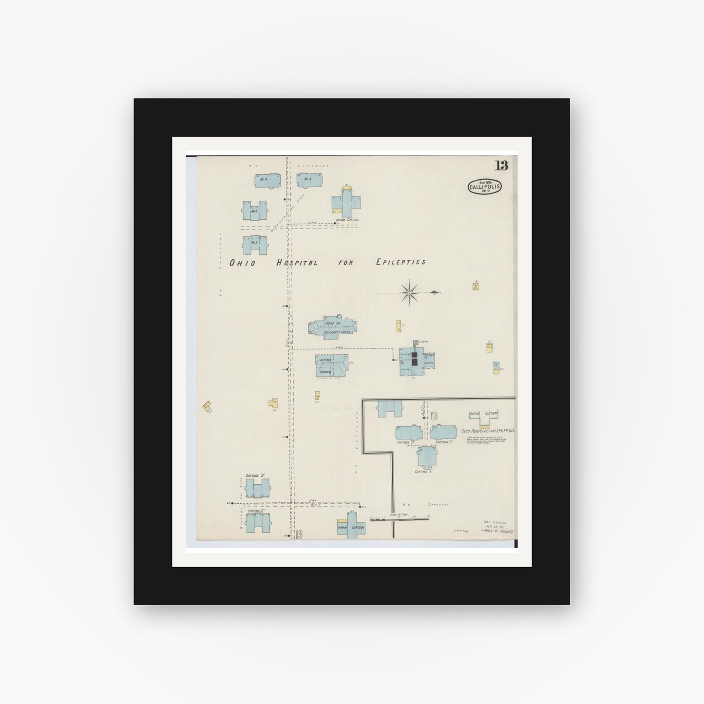 Old map wall art mockup — black gallery frame with white mat — Sanborn Fire Insurance Map from Gallipolis, Gallia County, Ohio (1895), Sheet #0013
