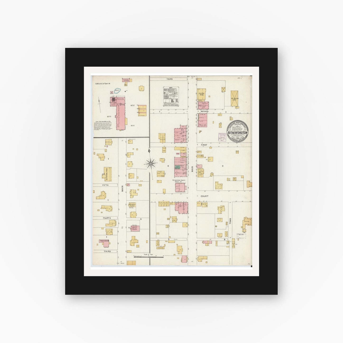 Old map wall art mockup — black gallery frame with white mat — Sanborn Fire Insurance Map from Rutherfordton, Rutherford County, North Carolina (1904), Sheet #0001
