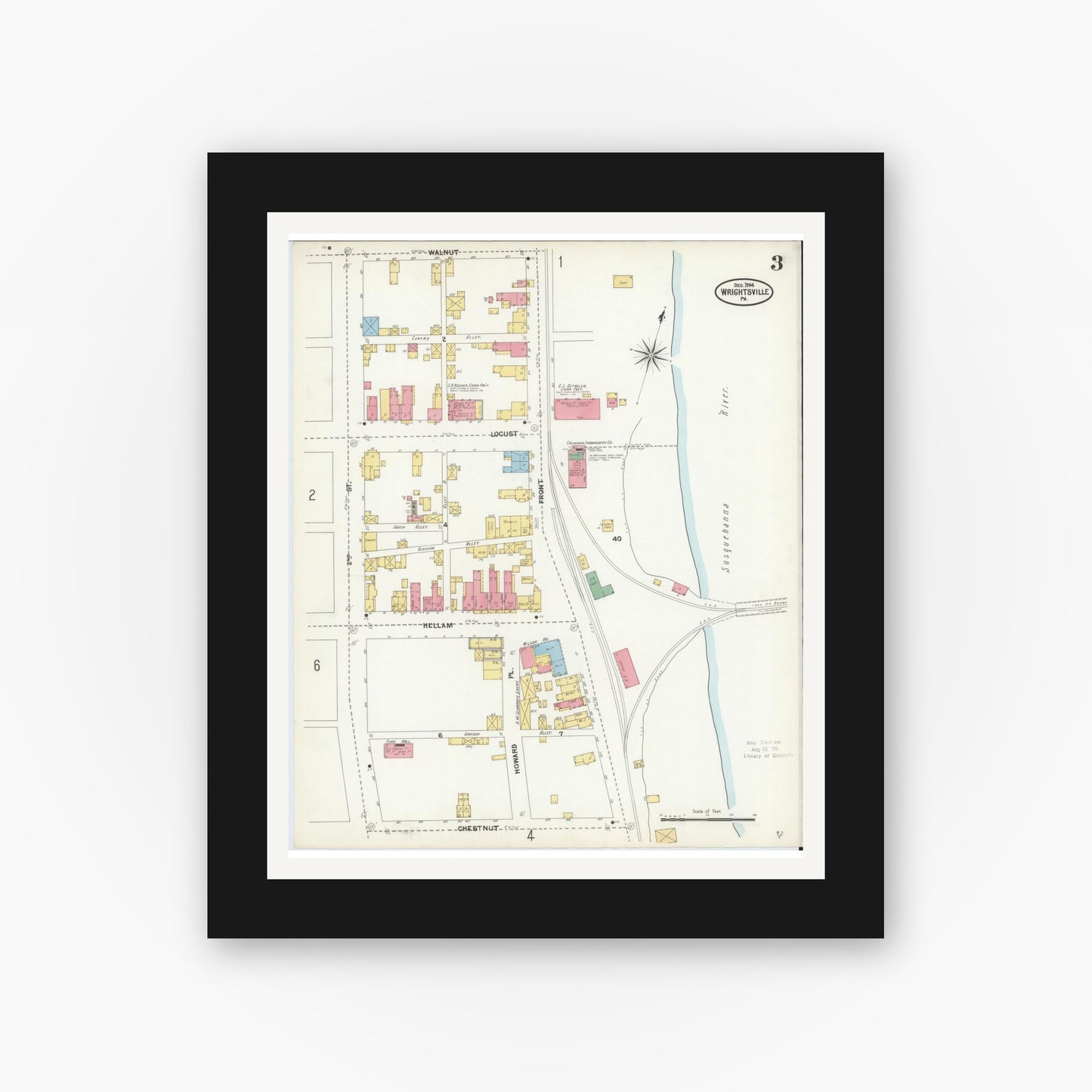 Old map wall art mockup — black gallery frame with white mat — Sanborn Fire Insurance Map from Wrightsville, York County, Pennsylvania (1904), Sheet #0003