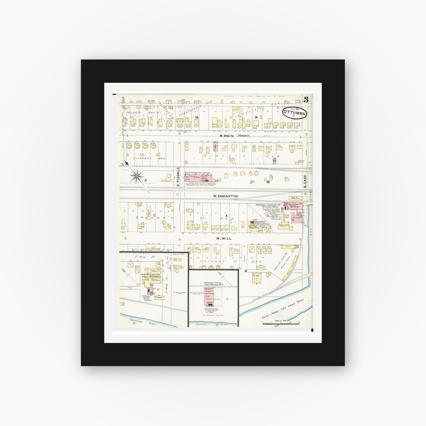 Old map wall art mockup β black gallery frame with white mat β Sanborn Fire Insurance Map from Ottumwa, Wapello County, Iowa (1891), Sheet #0003
